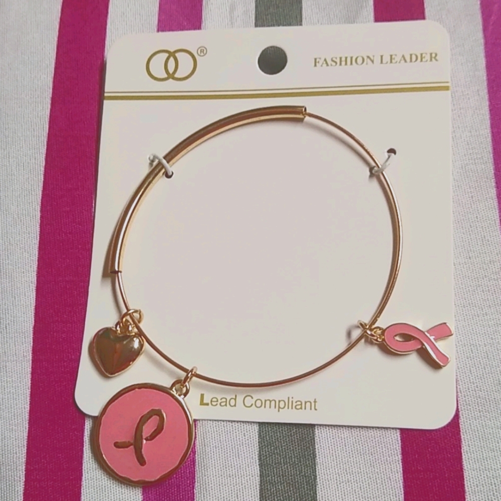 😻 3 For $15 Pink Ribbon Gold Wire Charm Bracelet